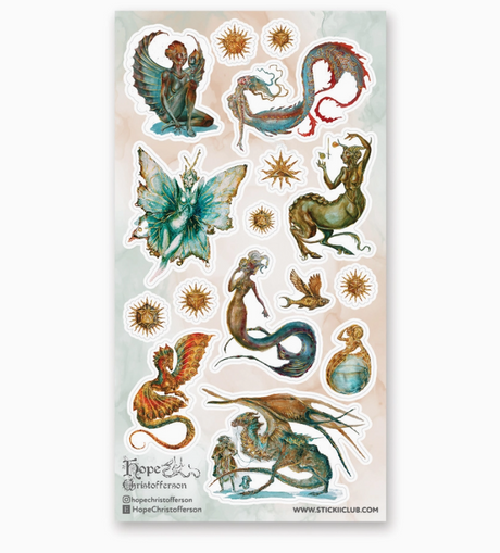 Of Myths and Legends Stickers sheet featuring colorful dragons mermaids griffins and other mythical creatures