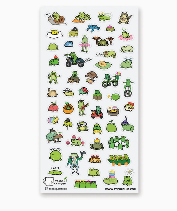 Little Frogs Stickers sheet featuring colorful cartoon frogs and playful frog themed illustrations