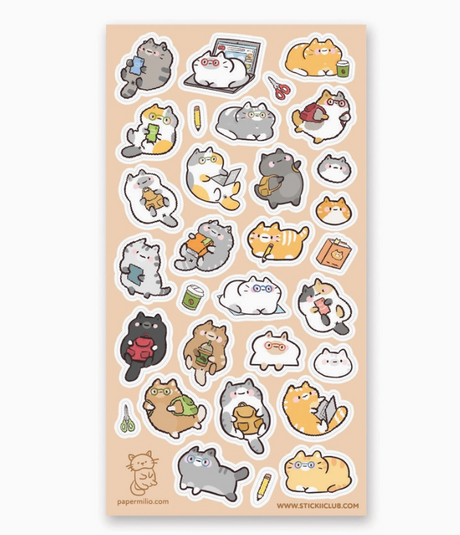 Kitty Academia Stickers sheet featuring cute cats with books school supplies and playful academic themes