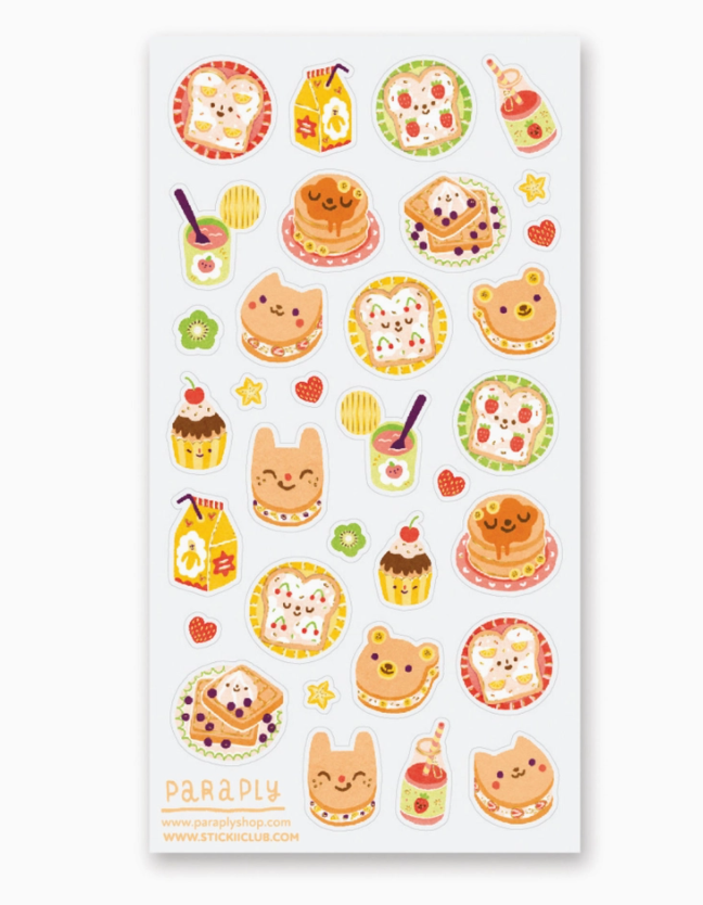Happy Breakfast Foods Stickers sheet with colorful pancakes toast eggs cereal and fruit designs