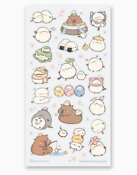 Capy & Birdy Besties Stickers featuring cute capybaras, birds, and colorful animal friends on a sheet