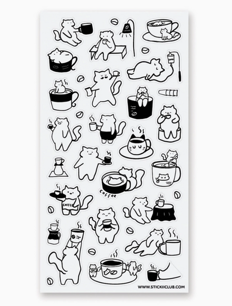 Caffeine Cats Stickers sheet featuring black and white cats enjoying coffee and tea
