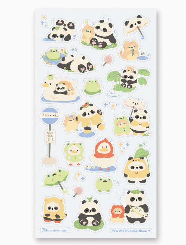 Puddles of Fun Stickers sheet with cute pandas frogs cats and rainy day designs