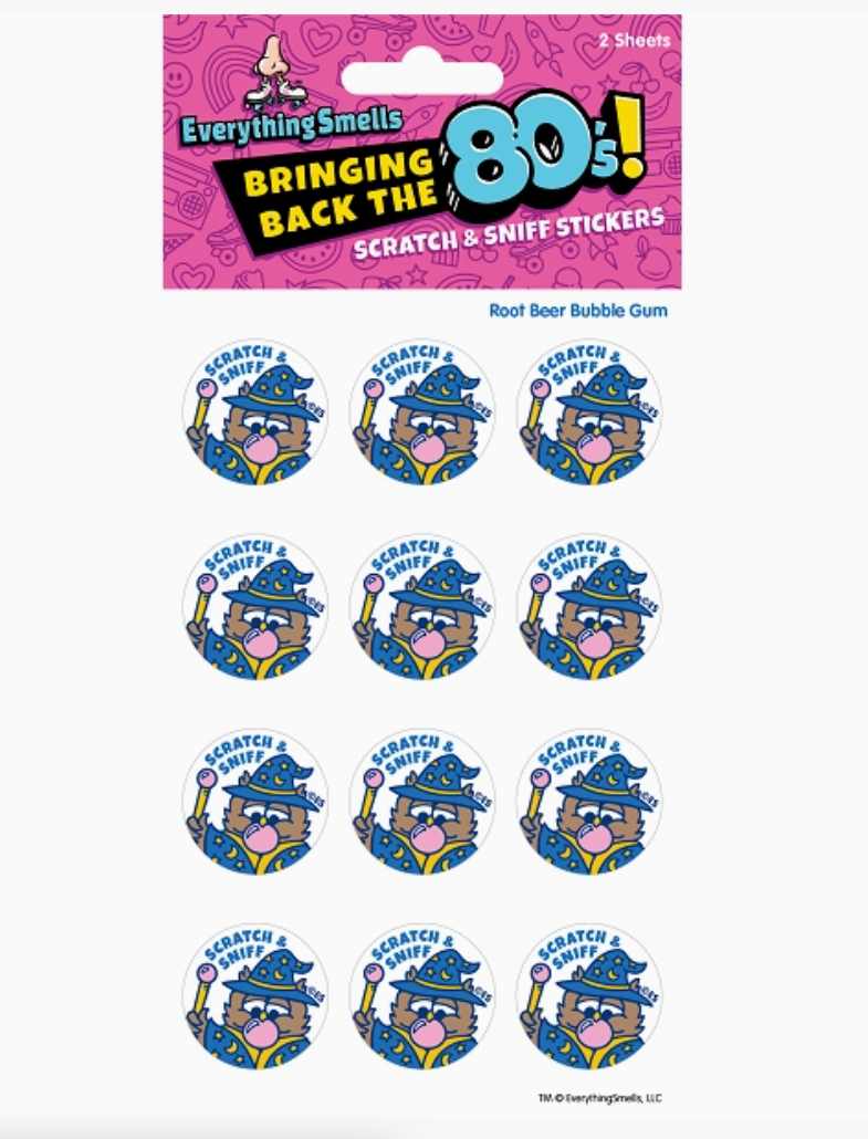 Scratch & Sniff Stickers | Root Beer Gum Owl sheet with colorful owl stickers
