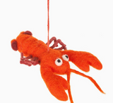 Louella Lobster Felt Ornament featuring an orange felt lobster with googly eyes and a hanging string