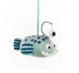 Finnigan the Fish Felt Ornament featuring a fuzzy blue fish with striped fins and a raised fishing lure