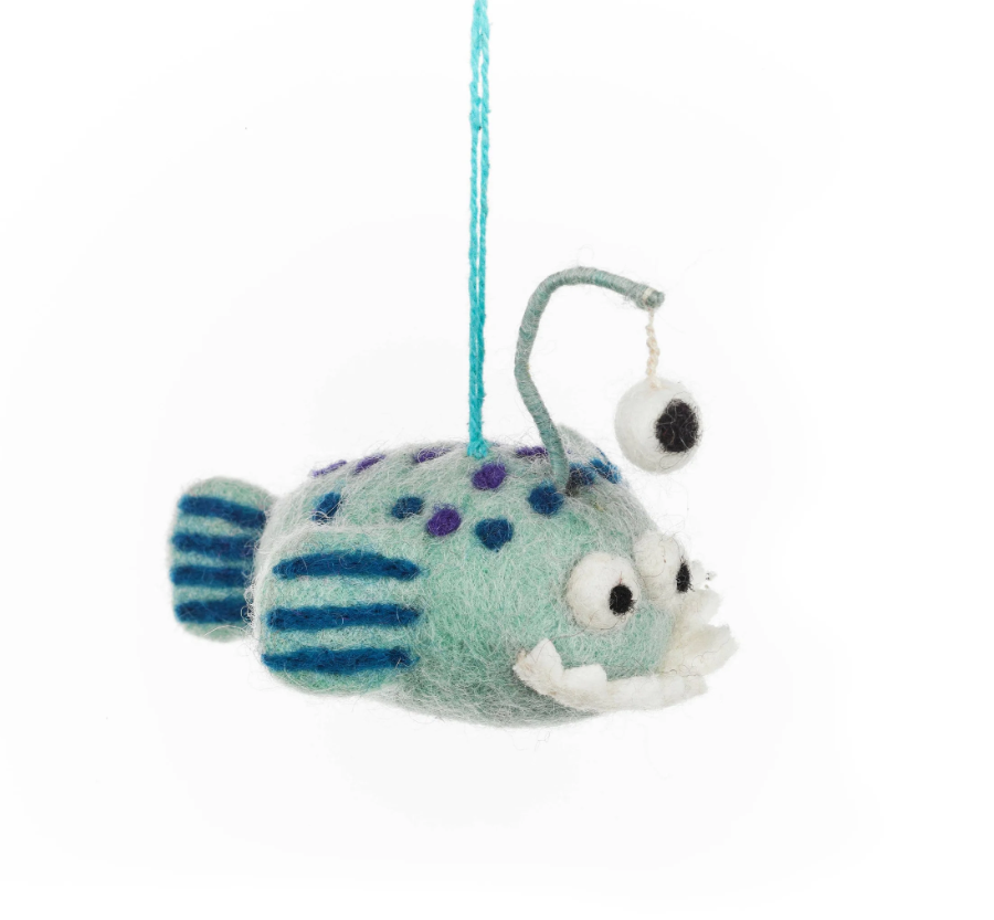 Finnigan the Fish Felt Ornament featuring a fuzzy blue fish with striped fins and a raised fishing lure