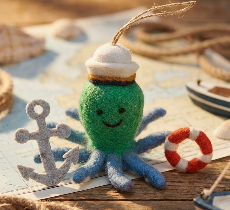 Captain Odin the Octopus Felt Ornament featuring a green felt octopus in a sailor hat with anchor and lifebuoy