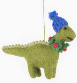 Cozy Dinosaur Felt Ornament featuring a green felt dinosaur wearing a blue hat and colorful scarf