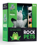 Rock Pet Frog painting set with resin frog, 6 non-toxic paints, paintbrush, and instructions for kids 6 and up.