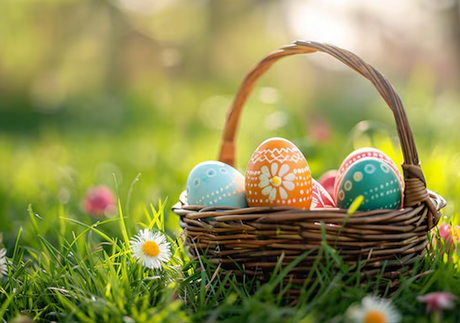 Wicker basket with colorful decorated Easter eggs sitting on green grass with flowers in soft sunlight