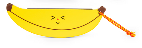 Wooden Fruit Harmonica shaped like a yellow banana with a cute face and an orange lanyard attached.