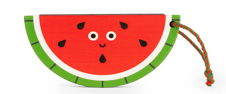 Wooden Fruit Harmonica shaped like a watermelon slice with a friendly face and attached green and red lanyard.