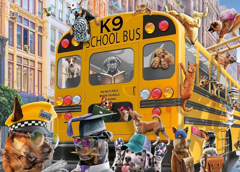 Whimsical collage of cats and dogs gathered around a yellow school bus in a city street