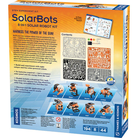 SolarBots 8-in-1 Solar Robot Kit box showing models, parts, and colorful instruction manual for building solar-powered robots.