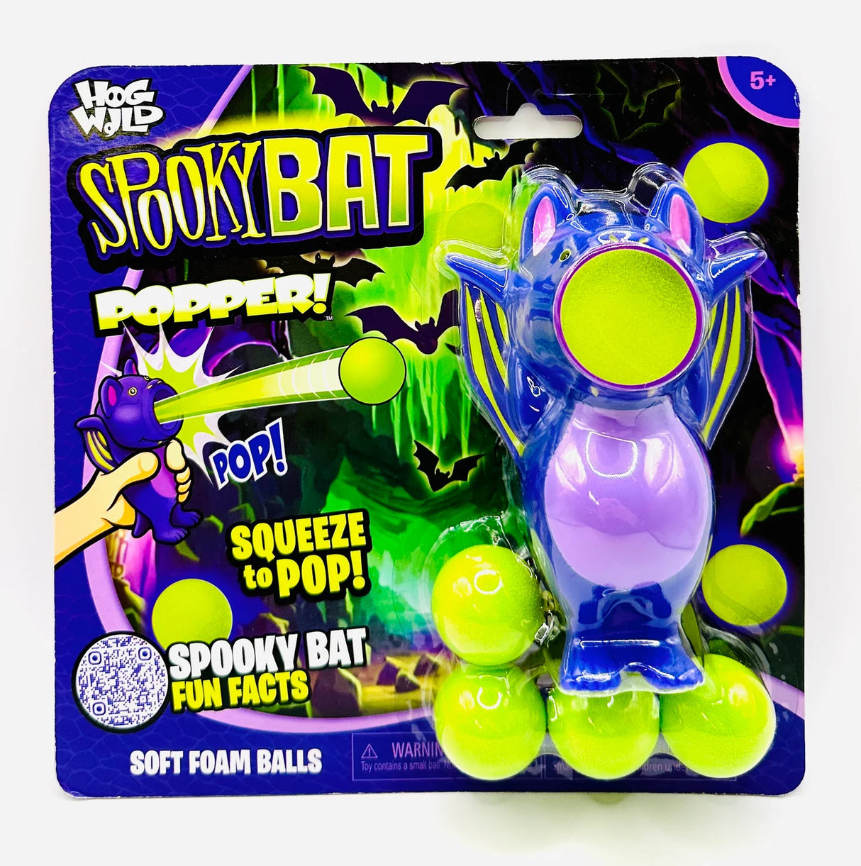 Popper Spooky Bat toy with soft foam balls in colorful packaging for ages 5 and up, squeeze to pop fun game.