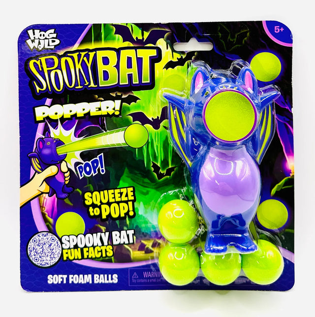 Popper Spooky Bat toy with soft foam balls in colorful packaging for ages 5 and up, squeeze to pop fun game.