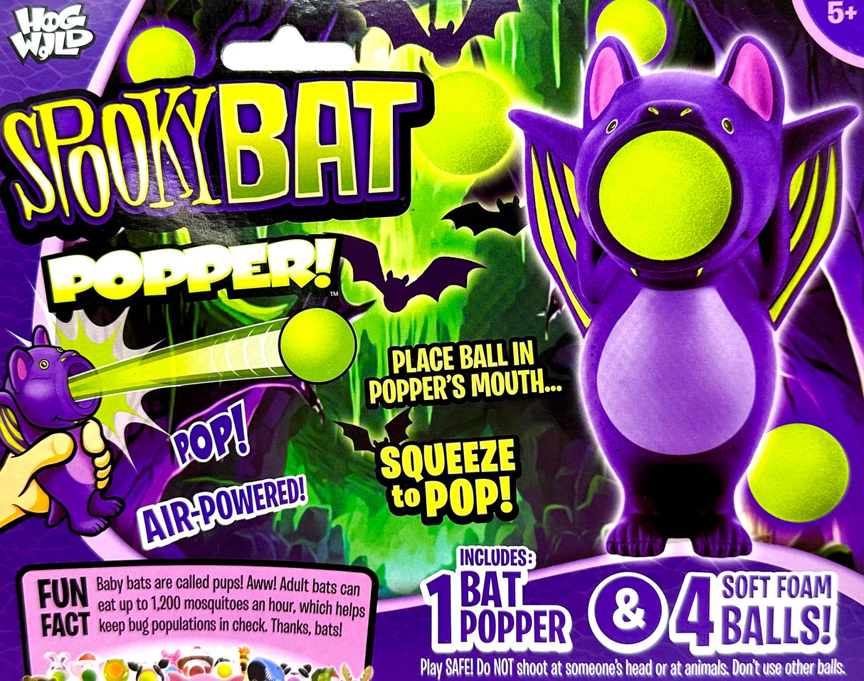 Popper Spooky Bat toy with purple bat design, soft foam balls, and air-powered popping action for kids 5 and up.