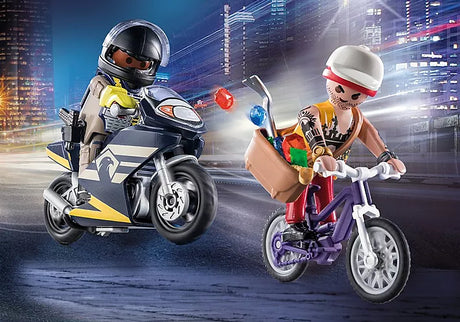 City Action | Tactical Unit and Thief with policeman on motorbike chasing thief on bicycle carrying jewels at night.