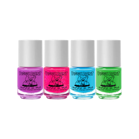 Nail Polish Rainbow Set with four vibrant Piggy Paint mini polishes in purple, pink, blue, and green shades.