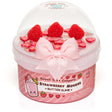 Strawberry Mousse Butter Slime in pink container with strawberry charms and a large pink bow on the lid.