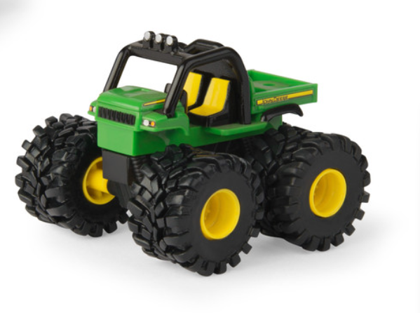 Green John Deere Mini Mudder toy truck with oversized tires and yellow seats designed for rugged play environments