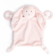 Soft pink bunny teether buddy with plush ears and two teething rings for soothing infants' gums.