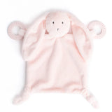 Soft pink bunny teether buddy with plush ears and two teething rings for soothing infants' gums.