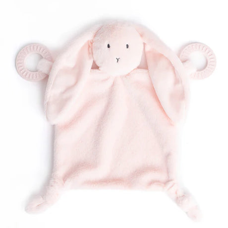 Soft pink bunny teether buddy with plush ears and two teething rings for soothing infants' gums.
