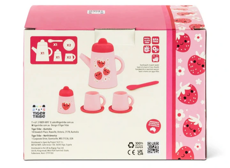 Strawberry Patch Silicone Tea Set with teapot, cups, saucers, sugar bowl, and spoon in kid-friendly strawberry design.