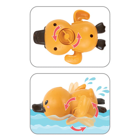 Image depicting the winding mechanism of an orange bath racer platypus. No batteries required!