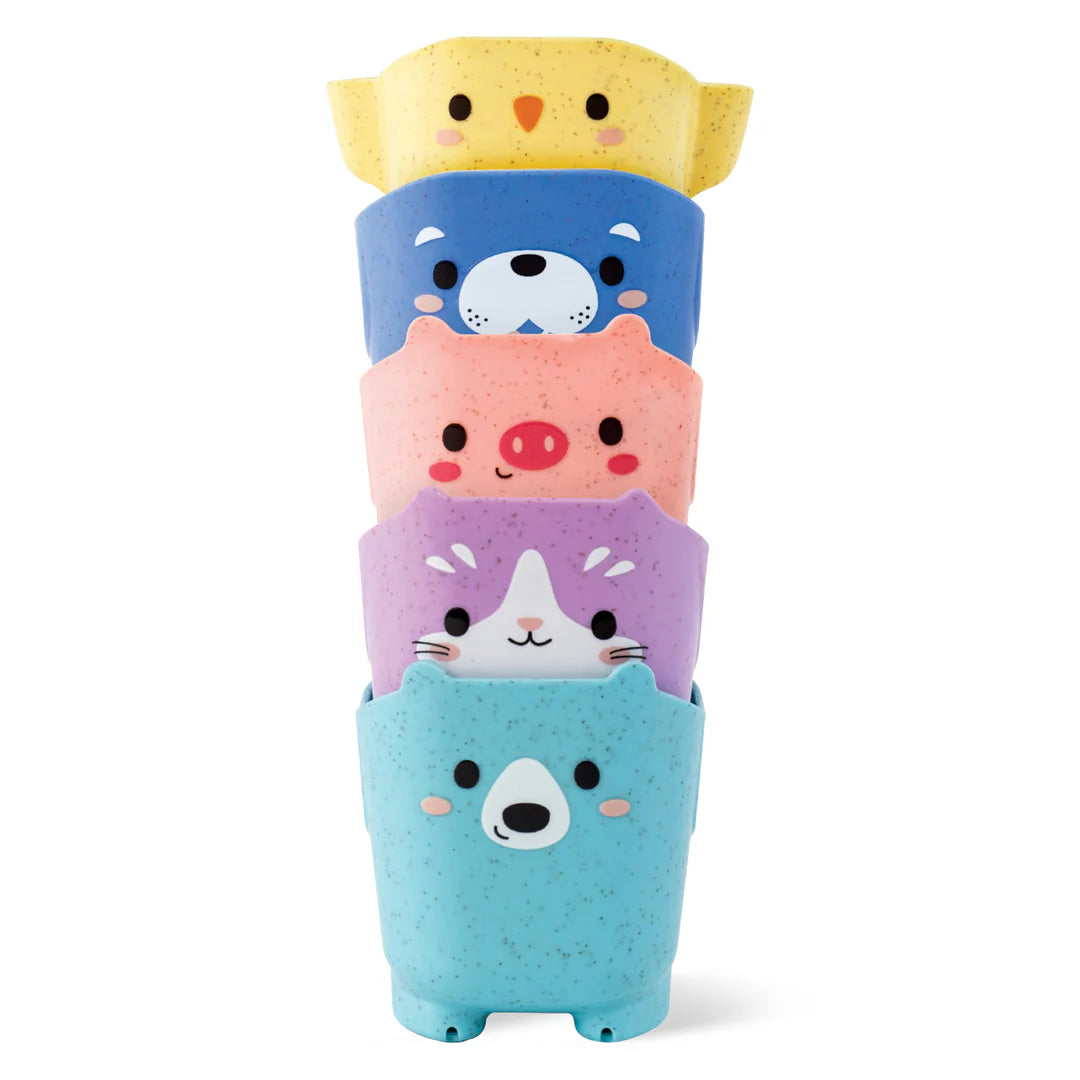 Stacked colorful animal cups for bath time with cute faces and unique water hole patterns for playful pouring fun