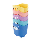Stacked colorful animal-themed cups with playful faces, designed for water play with unique hole patterns and suction cups