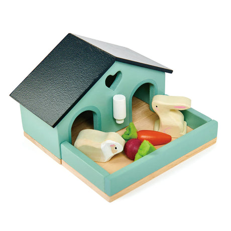 Pet Rabbit Set wooden hutch with rabbit, guinea pig, water bottle, carrot, and turnip for 1:12 scale play.