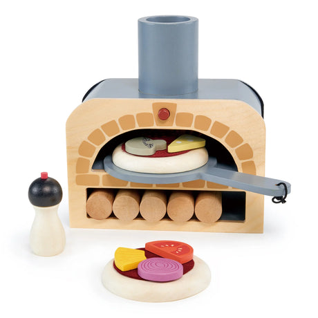 Make Me a Pizza! wooden toy pizza oven with 5 logs, pizza toppings, slider, and pepper pot for pretend play.