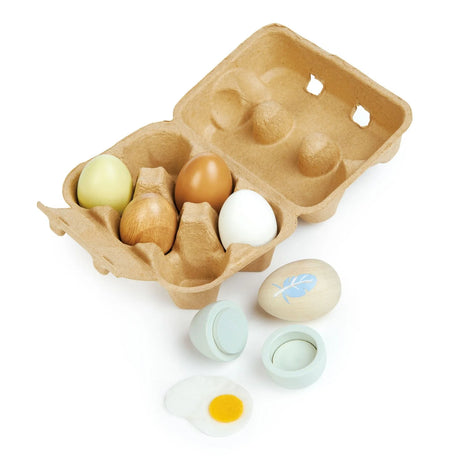 Wooden Eggs set of 6 solid wood eggs in a carton with a painted cracked egg and yolk for kids play.