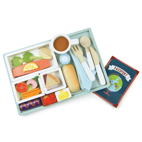 Airline Meal Tray with three courses, cutlery, bread roll, tea, and kiddy passport for imaginative play.