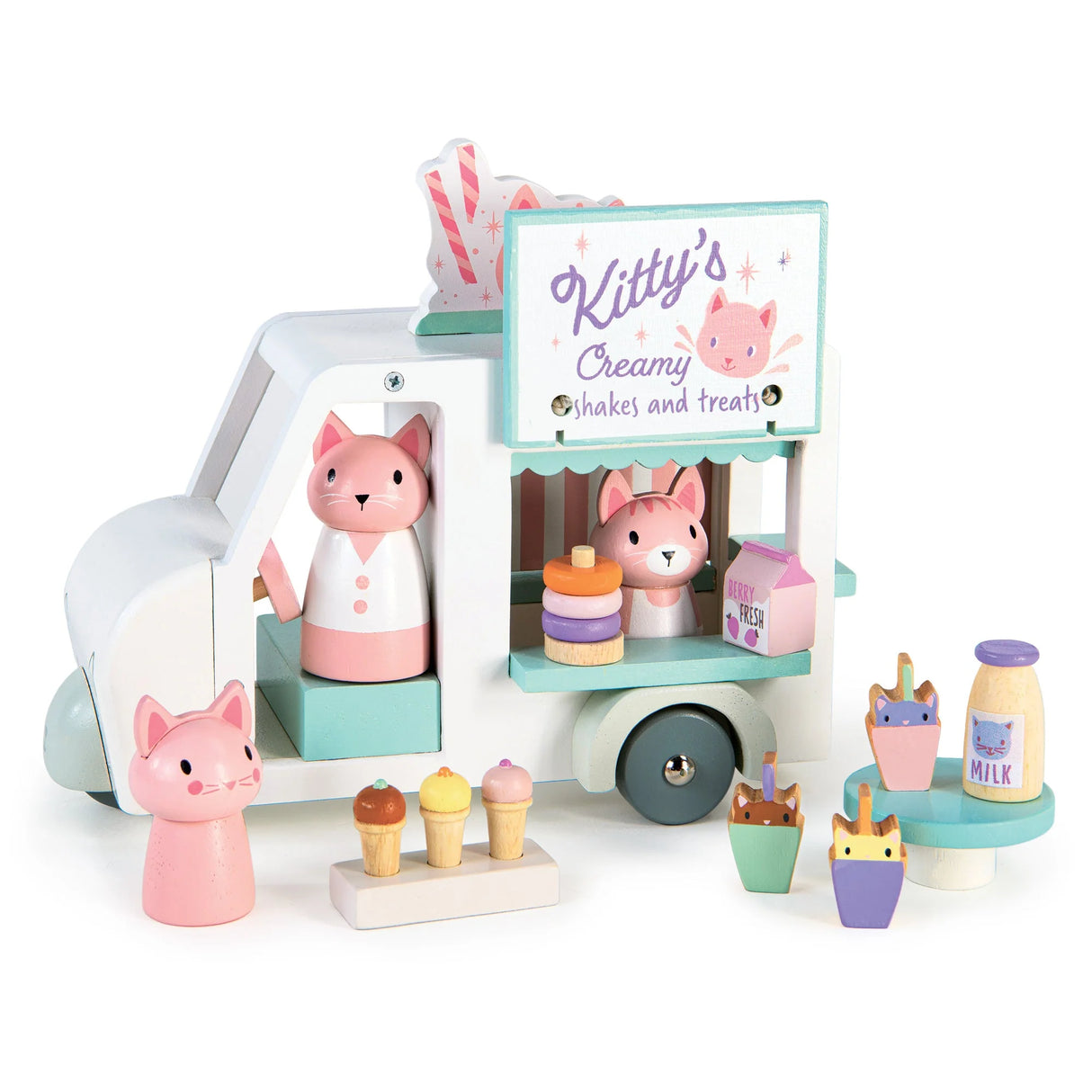 Kitty's Milkshake Van toy with three cat figures, ice cream, doughnuts, and milkshake serving from a white three-wheeler.