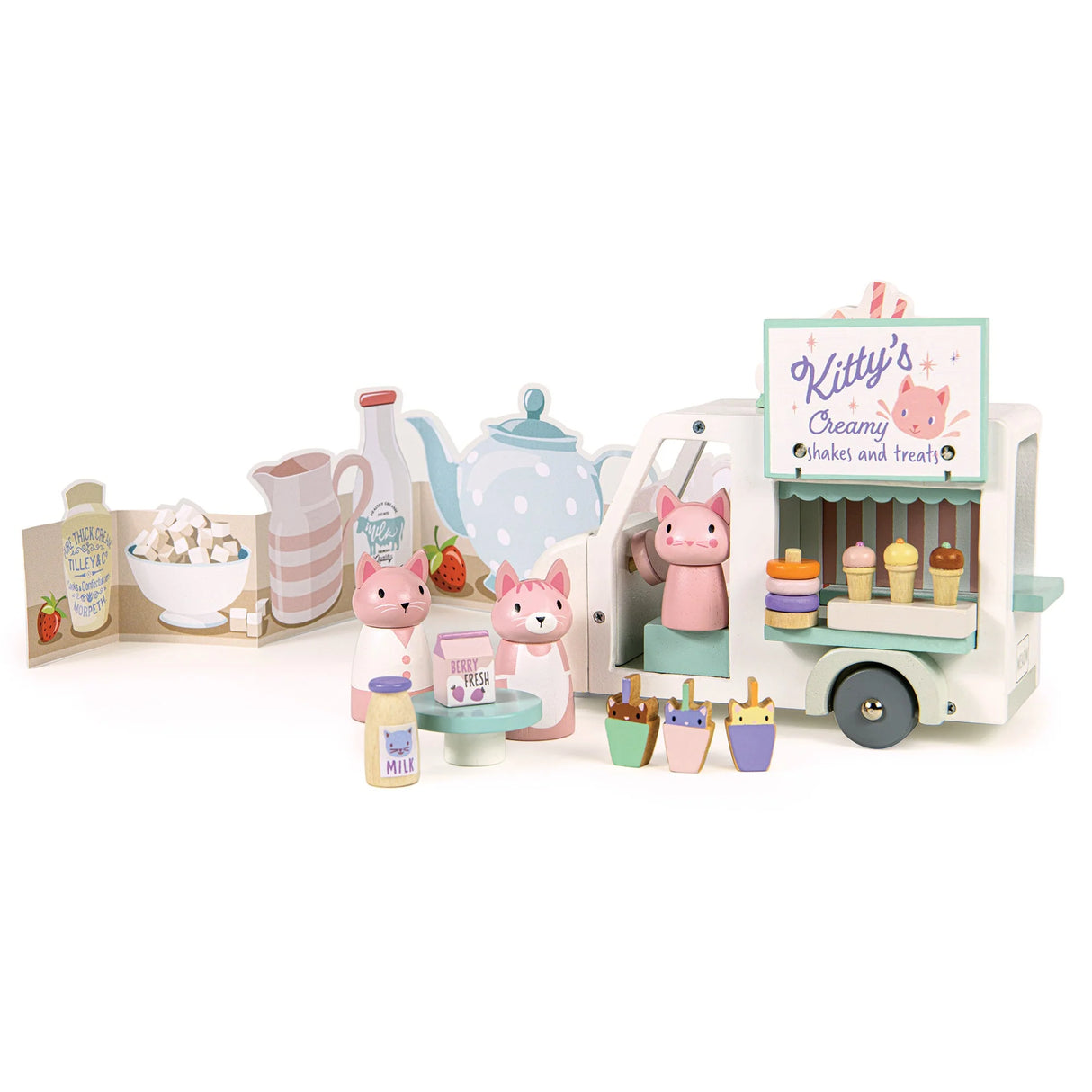 Kitty's Milkshake Van toy with pink cat family, milkshake van, doughnuts, ice cream, and fold-up backdrop playset.