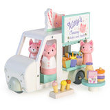 Kitty's Milkshake Van white 3 wheeler with cat family serving milkshakes, doughnuts, and ice creams playset for kids.