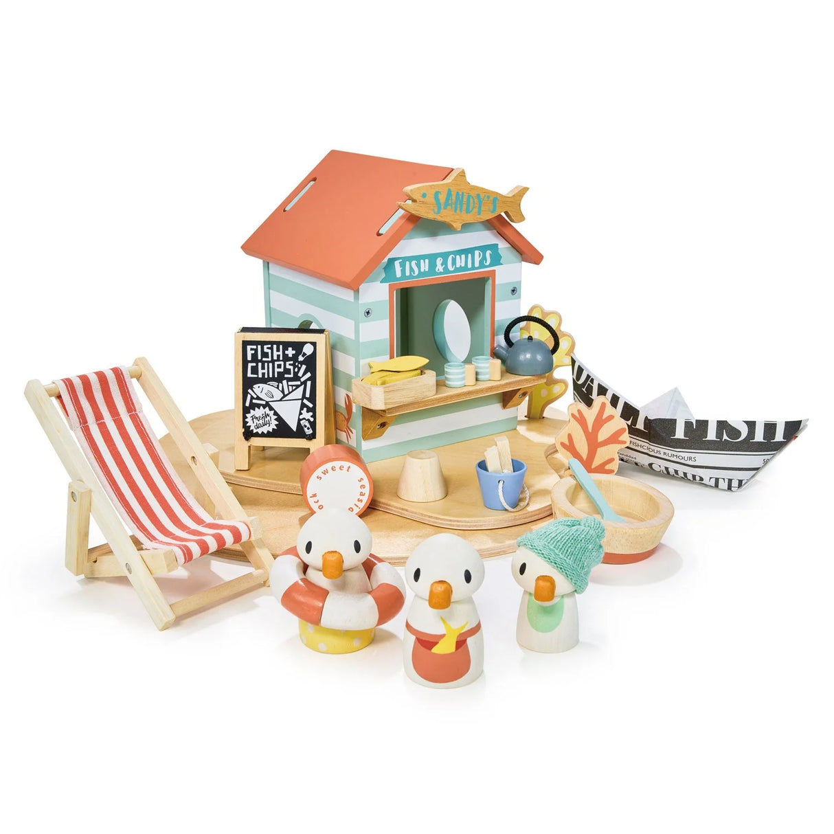Sandy's Beach Hut wooden toy set with seagulls, fish and chips stall, deck chair, and paper boat for imaginative play.