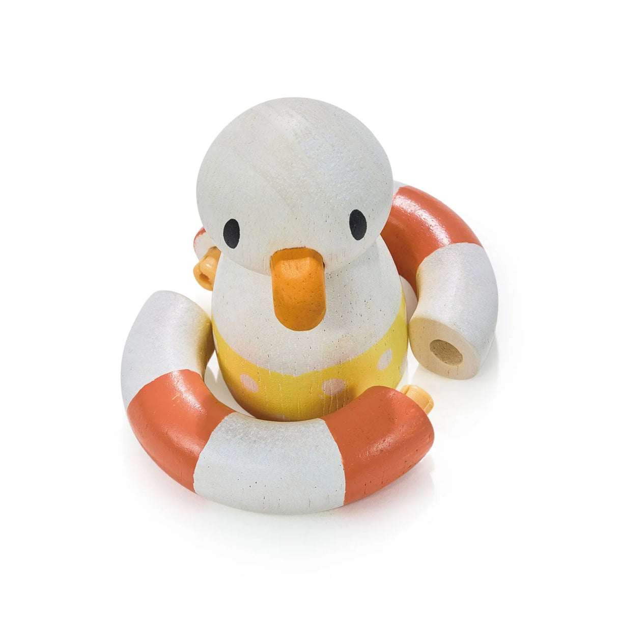 Sandy's Beach Hut wooden toy seagull wearing a removable orange and white rubber ring for imaginative play.