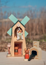Penny Windmill wooden toy with field mice, revolving windmill, bread oven, and accessories for imaginative play.