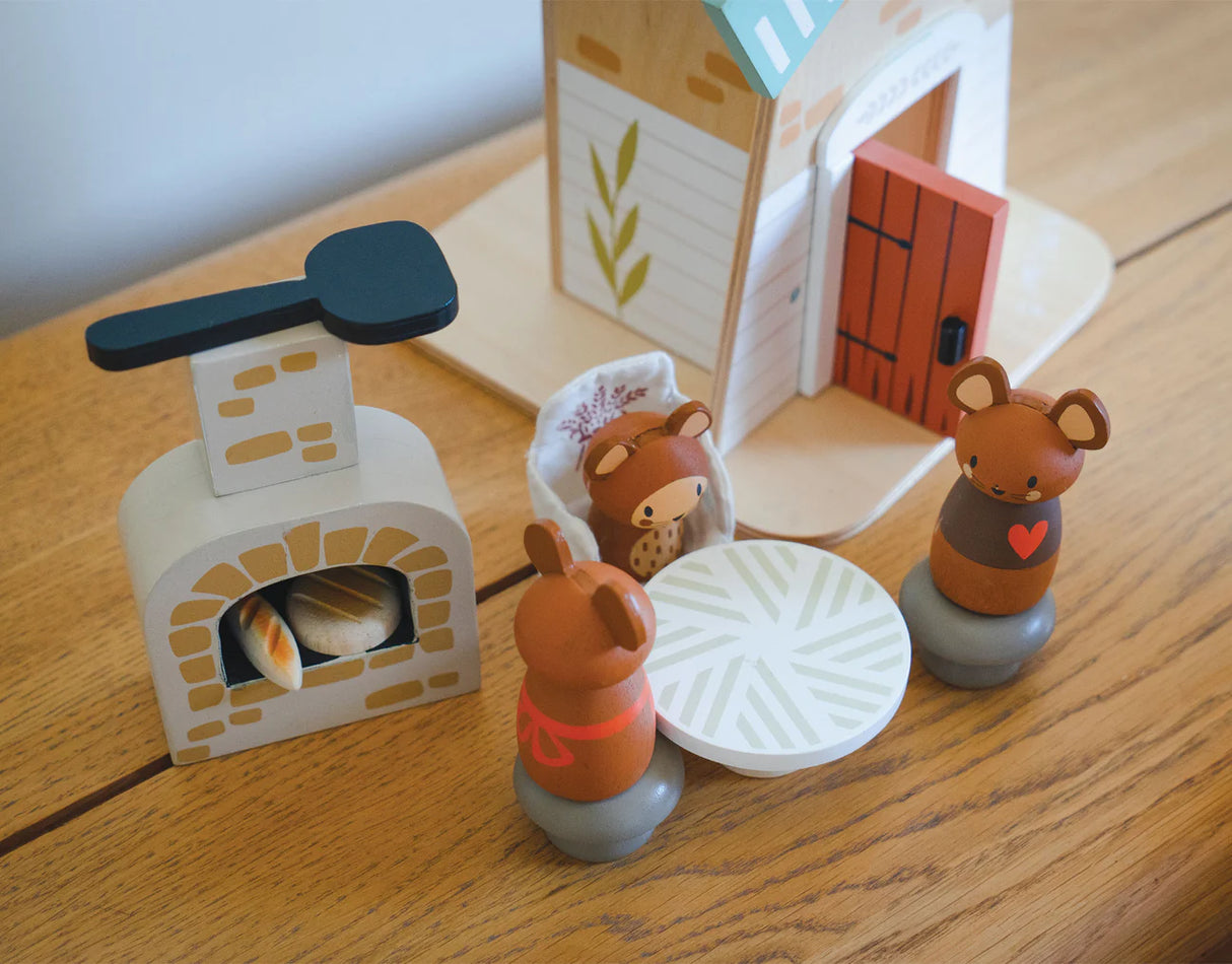 Penny Windmill wooden toy set showing mice figures, bread oven, table, and windmill house for imaginative play.