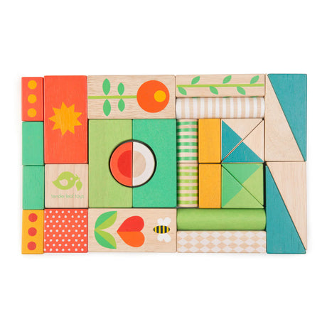 Baby Block Walker with 29 garden-themed wooden blocks in vibrant colors for creative toddler play and development.