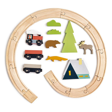 Treetops Train Set with wooden train, two carriages, mountain trail animals, fir tree, and alpine chalet on circular track.