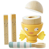 Egg Cup wooden set with magnetic egg, hand painted soldiers, wooden spoon, and felt wings for imaginative play.