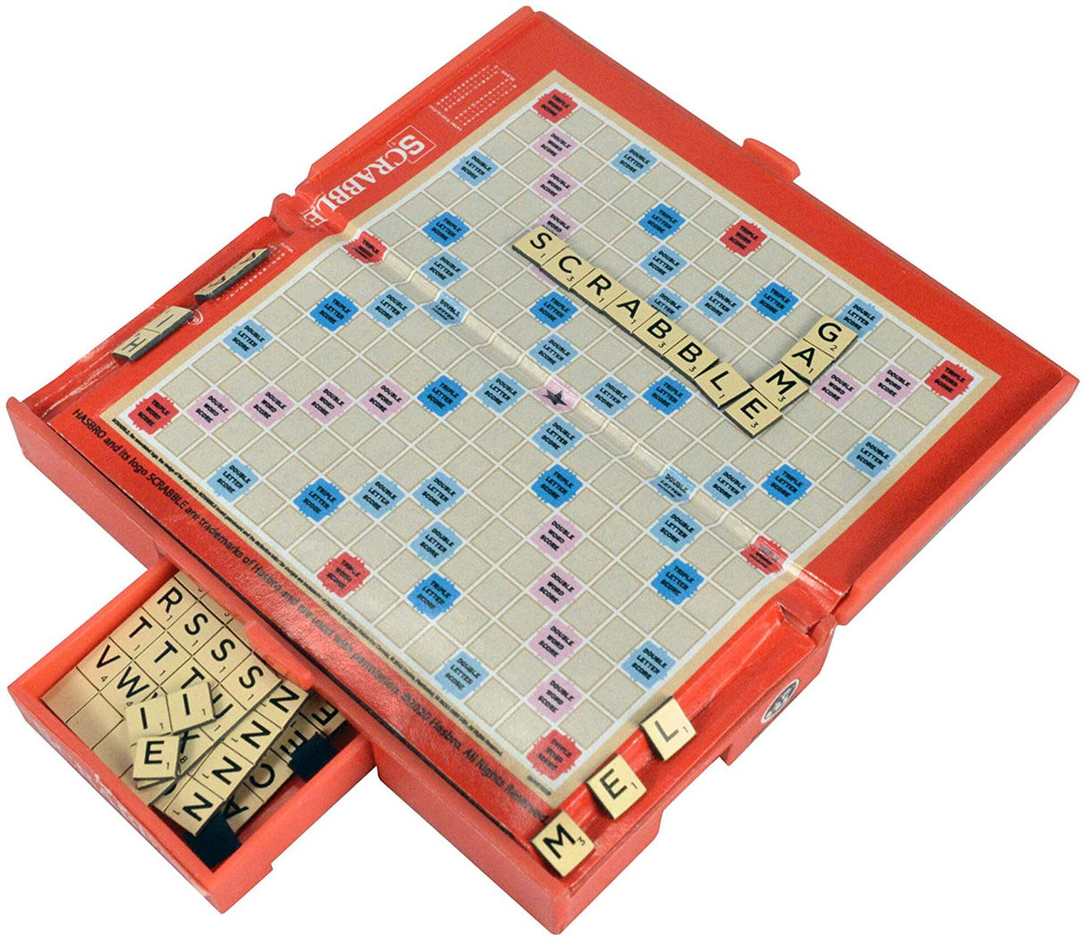 Compact portable Scrabble game with tile storage and foldable board for fun on the go