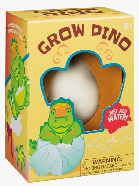 Hatchin' Grow Dino egg toy in packaging with dinosaur hatching illustration and water activation instructions.
