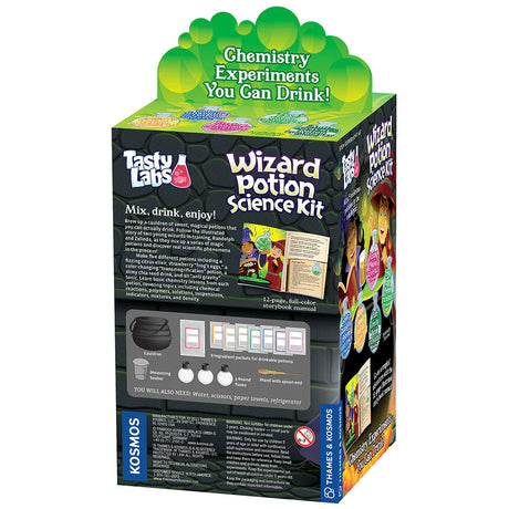 Tasty Labs: Wizard Potion Kit with cauldron, magic wand, ingredient packets, and storybook for drinkable chemistry experiments.